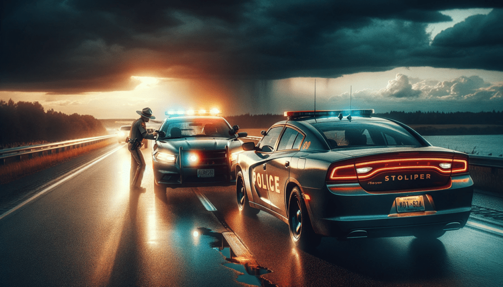 Dramatic image of a police car with flashing lights behind a civilian vehicle on a desolate highway, representing the charged situation following a shooting during a traffic stop in Minnesota.