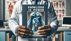 A close-up view of a medical professional's hands holding a brochure titled 'Prostate Cancer Awareness', set against a backdrop of medical charts and equipment, emphasizing the importance of education and early screening for African American men.