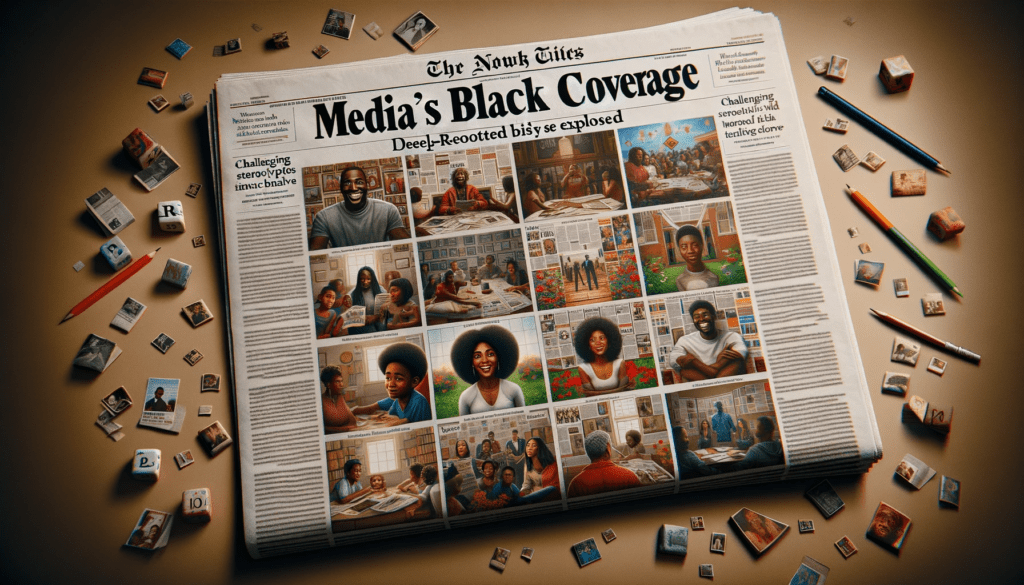 An open newspaper showcasing positive stories and images of Black communities, with a title and caption emphasizing the importance of inclusive and diverse media narratives.