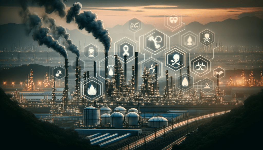 A landscape view of Cancer Alley showing numerous petrochemical plants with thick smoke rising into the air. In the background, icons symbolizing health hazards such as cancer cells and lungs are visible, illustrating the severe environmental and health impacts in the area.