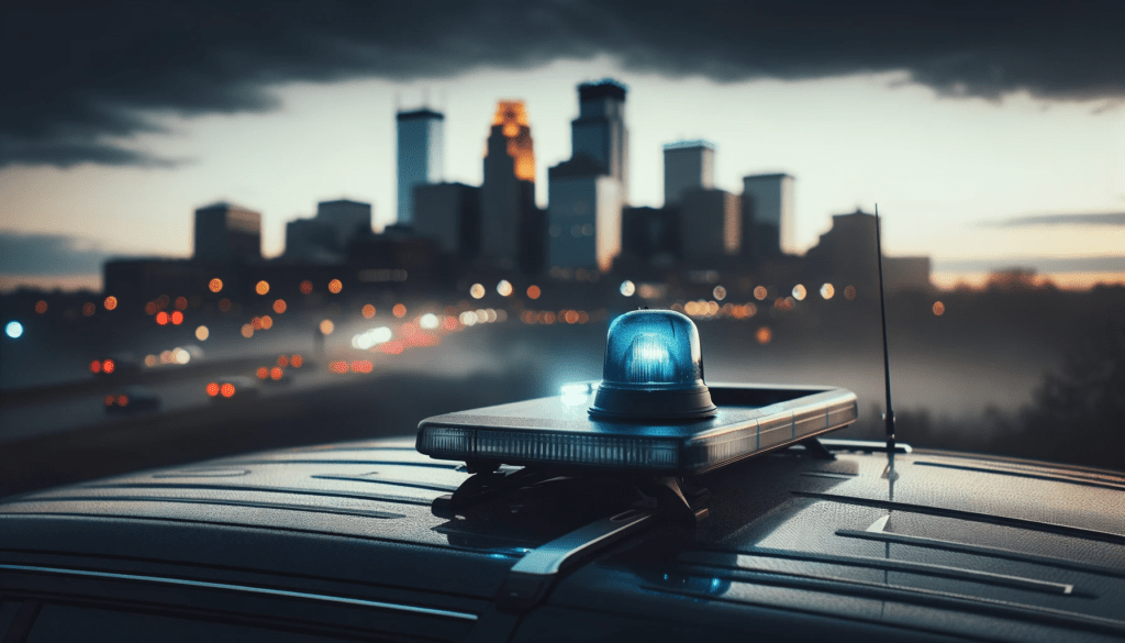"A police siren on top of a patrol car at dusk with the Minneapolis skyline in the background. The image conveys a somber mood, highlighting the patrol car's siren in clear focus against the dimly lit cityscape.