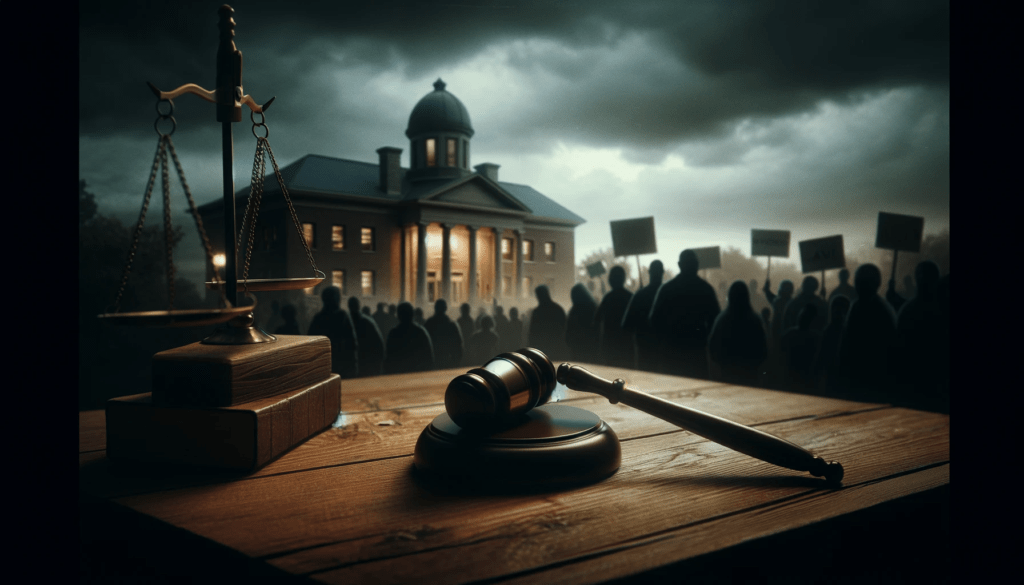 A somber scene with a gavel on a wooden table in the foreground, symbolizing delayed justice in a Mississippi case against former officers. In the background, a silhouette of a courthouse under a moody sky, with a vignette of protesters advocating for justice.