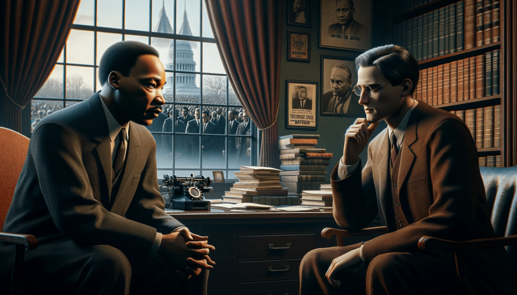 Two men, Dr. King and Stanley Levison, in a deep strategic discussion in an office, surrounded by civil rights memorabilia.