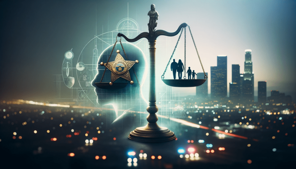 A cinematic-style image depicting a symbolic justice scale, with one side holding a sheriff's badge and the other an outline of a family, set against a blurred Los Angeles cityscape and subtle police car lights, representing the tension and division in the Twyman case.