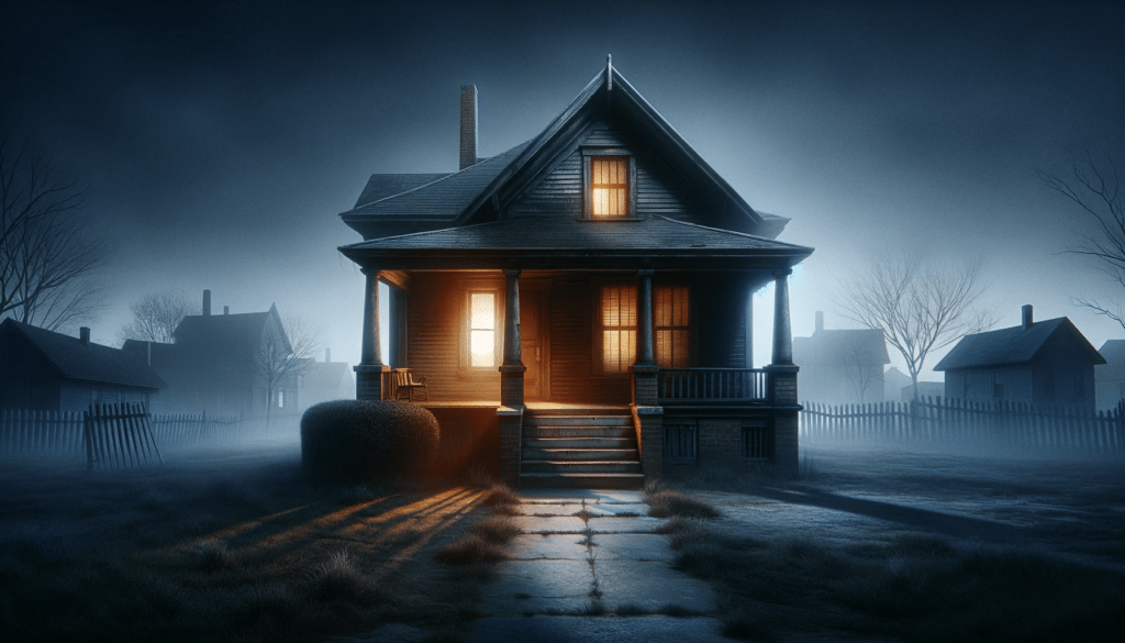 An eerie, abandoned house stands alone under a twilight sky, symbolizing the deep-rooted issue of racial discrimination in housing. Its neglected appearance and desolate surroundings reflect the profound impact of injustice on communities.