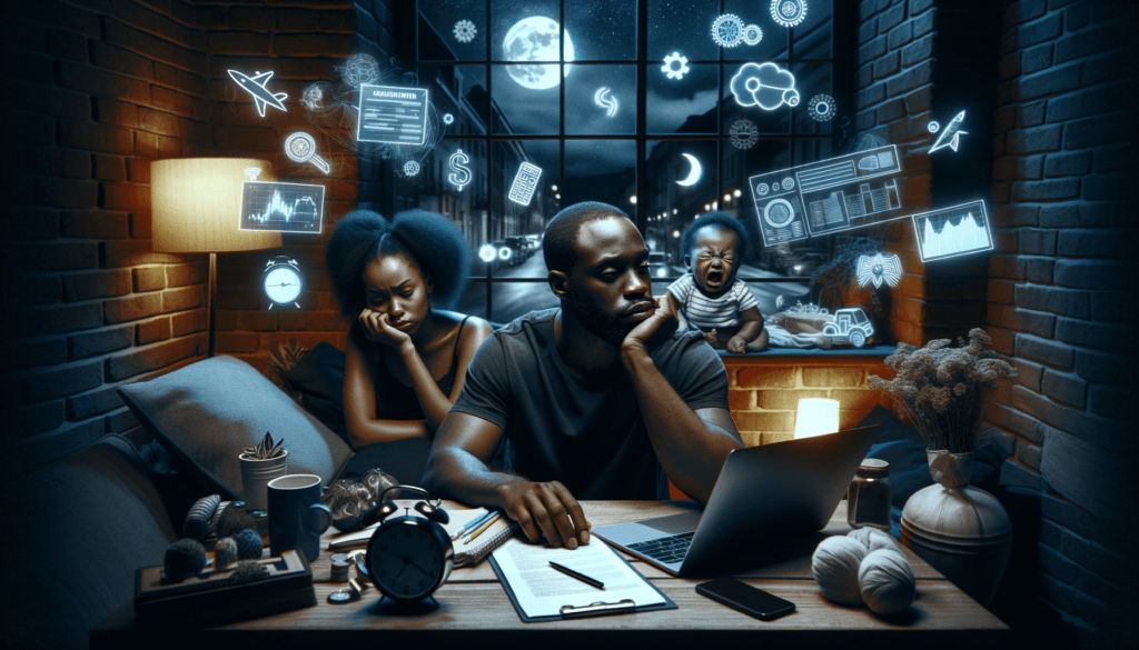 Cinematic image showing a Black man and woman in their home at night, looking fatigued and stressed. The man is seated, leaning his head on his hand, while the woman stands beside him with a concerned expression. The room is dimly lit, with a baby crib visible in the background and work-related documents scattered around. A window shows a glimpse of a noisy street outside, symbolizing the socio-economic and environmental challenges impacting their sleep.