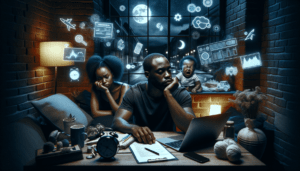 Cinematic image showing a Black man and woman in their home at night, looking fatigued and stressed. The man is seated, leaning his head on his hand, while the woman stands beside him with a concerned expression. The room is dimly lit, with a baby crib visible in the background and work-related documents scattered around. A window shows a glimpse of a noisy street outside, symbolizing the socio-economic and environmental challenges impacting their sleep.