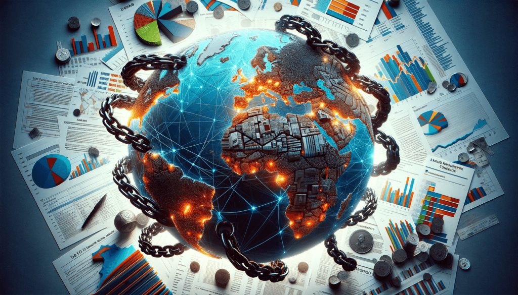 An intricate portrayal of the global financial network, this image highlights the interconnectedness of low-income countries within the vast tapestry of global debt. At the center is a detailed world map, with low-income countries marked distinctly, interconnected by a web of lines symbolizing financial agreements and institutional relationships. Foregrounded are symbolic chains, entwining around key nations like Angola, Nigeria, and Zambia, metaphorically representing the constrictive nature of their debts. In the backdrop, charts and documents scatter, depicting the ever-growing financial burdens and economic pressures these nations endure.