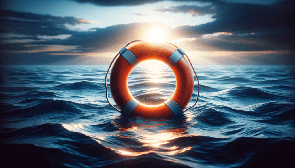 A brightly colored lifebuoy floats in the slightly turbulent blue waters of the Mediterranean Sea against a backdrop of a setting sun, representing hope and rescue amidst the challenges of migration.