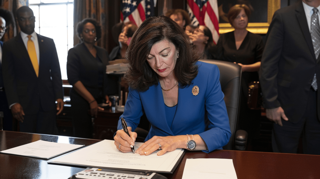 A photorealistic image depicting Governor Kathy Hochul signing a bill surrounded by a diverse group of legislators and activists in a grand government building, conveying a historic and significant atmosphere.
