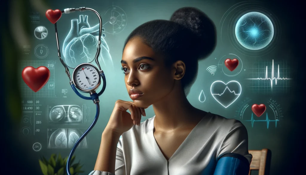A concerned Black woman in her 30s stands thoughtfully, looking into the distance. Behind her, subtle elements related to healthcare, such as a stethoscope, blood pressure monitor, and abstract representations of heart health and stress, blend into the background. The scene conveys a sense of urgency and concern about the risk of hypertension and stroke, while also hinting at the importance of comprehensive healthcare and early intervention. The colors are impactful yet balanced, emphasizing the seriousness of the topic.