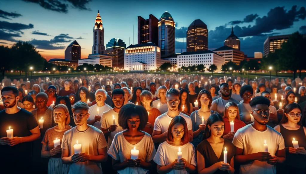 A peaceful community vigil in Columbus, Ohio, with a diverse group of individuals holding candles. The soft glow of candlelight illuminates their faces, casting a warm ambiance over the scene. In the background, the cityscape of Columbus is subtly visible, adding context to the gathering. This image symbolizes unity, remembrance, and the collective mourning for Casey Goodson Jr., reflecting the community's solidarity and desire for justice.
