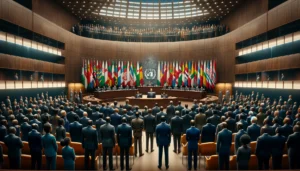 A solemn assembly of representatives from various African countries standing together inside the grand hall of the International Court of Justice, displaying unity and determination. The formal setting is marked by the presence of flags from the participating nations in the background, symbolizing a collective front against the Israeli occupation in a moment of serious international dialogue.
