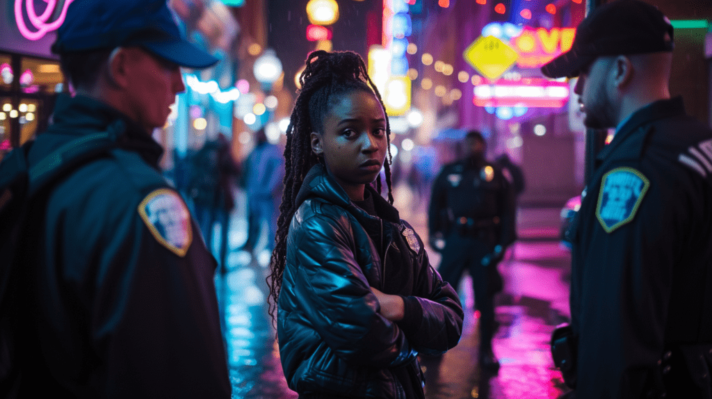 A photorealistic image depicting a young Black woman looking distressed while being confronted by off-duty police officers in a crowded night-time urban setting, with bystanders and neon lights in the background.