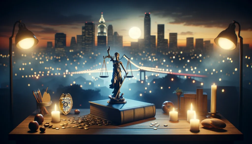 An image depicting the concept of justice and police reform, featuring a balanced scale in the foreground against a cityscape transitioning from dusk to dawn, symbolizing hope and change. Elements include a police badge with symbols of progress and unity, set in a hopeful, illuminated scene, representing a community moving towards healing and improvement.