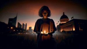 A young woman stands defiantly against a backdrop of a courthouse silhouette at dusk, holding a small, glowing flame in her hands. The image conveys a powerful message of resilience, hope, and the quest for justice, highlighting the struggle against victimization and the fight for legal reform.