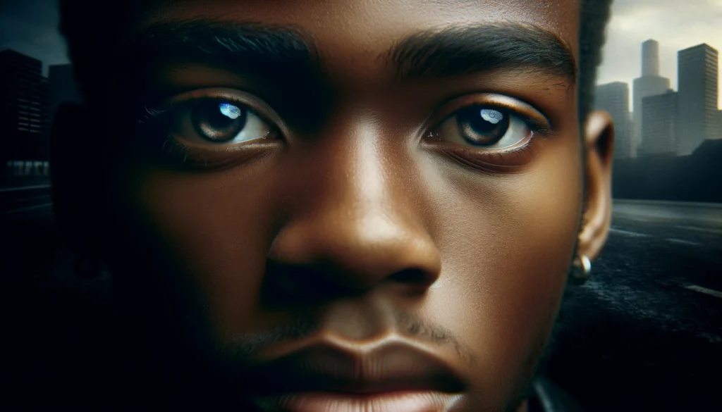Close-up image of a Black individual's eyes, gazing into the distance with a mix of sorrow and unwavering determination, reflecting the emotional toll and resilience in the fight against systemic injustice and police violence.