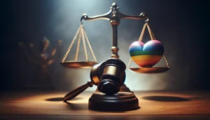 A balanced scale of justice with a gavel on one side and a rainbow-colored heart on the other, against a solemn background. The image symbolizes the legal battle for LGBTQ+ rights and the fight against hate crimes, depicted in a cinematic style.