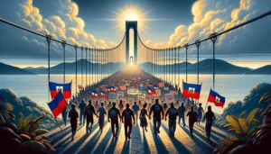 A symbolic bridge stretches between Haiti and the United States against a backdrop of a rising sun, symbolizing new hope. A diverse group of people, led by figures holding the Haitian flag and banners advocating for justice and humane immigration policies, marches forward on the bridge. The image represents the Haitian Bridge Alliance and asylum seekers' quest for a fair and compassionate immigration system, emphasizing solidarity and the collective effort for rights and dignity.