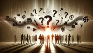 Silhouettes of people with digital waves and symbols like question marks and false statements emerging from a digital device, symbolizing the rapid spread of misinformation in a modern, connected society.