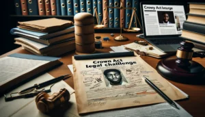 A detailed view of a lawyer's desk featuring a legal document titled 'CROWN Act Legal Challenge' amidst case files and notes, with a laptop displaying a news article about Darryl George. The scene highlights the intricate legal work against hair discrimination, emphasizing the significance of the CROWN Act in the ongoing fight for individual rights and equality.
