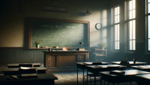 A cinematic photorealistic image of an empty classroom under the shadow of Arkansas' critical race theory ban. An empty teacher's desk sits at the forefront with a chalkboard in the background, featuring faint remnants of erased text. Light filters through the windows, casting long shadows across the room, symbolizing the uncertainty and restraint faced by educators in the wake of legislative restrictions on teaching content.