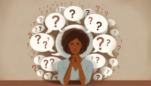 thoughtful woman surrounded by speech bubbles containing question marks and ellipses, symbolizing the unseen impact of microaggressions on her daily life. The illustration captures her contemplative expression against a subtle background, emphasizing the personal and often invisible burden of navigating these experiences.