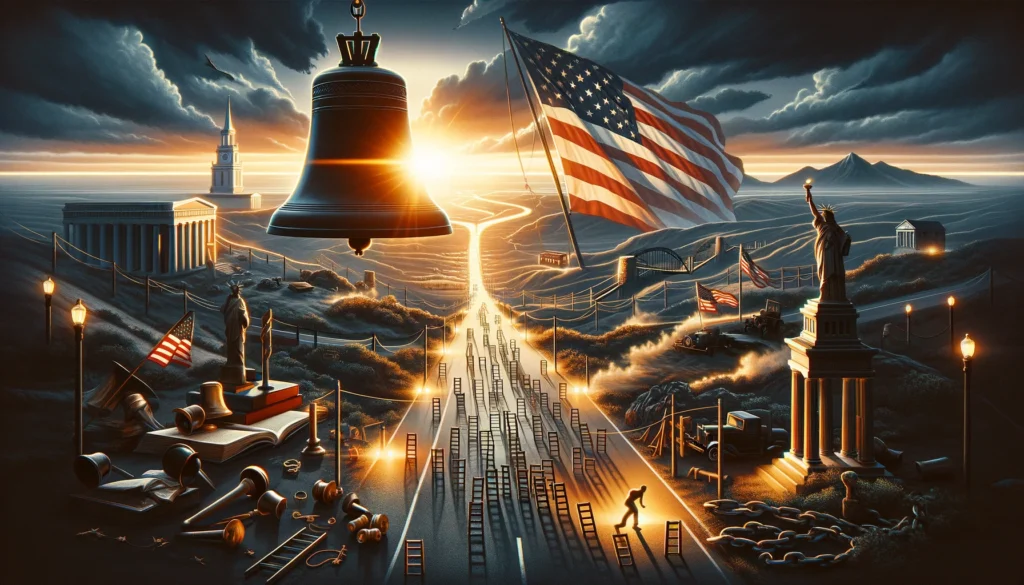 An illustrative depiction of the reparations movement in the United States, featuring iconic symbols like the Liberty Bell and American flag against a map highlighting reparations debate areas. Visual metaphors such as a road with hurdles and a bridge under construction represent the journey toward reparative justice. The backdrop of a dramatic sunrise symbolizes hope and a new beginning, reflecting the complex and evolving fight for racial equality and the significance of this movement in American history.