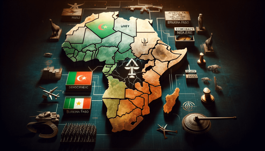 A cinematic-style map of West Africa with Mali, Niger, and Burkina Faso highlighted, featuring symbols for economic, political, and security concerns against a dark, moody backdrop. The title "West Africa's Unity Crumbles Amid ECOWAS Exit" is displayed at the top, with visual elements like a broken chain link, a ballot box with a cross, and a cracked shield to represent the challenges faced by the region.