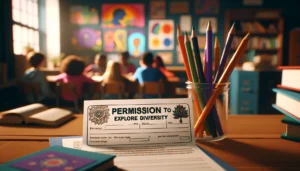 A permission slip titled 'Permission to Explore Diversity' on a wooden desk, surrounded by educational materials emphasizing diversity. The background features a classroom setting with student artworks celebrating cultural diversity.