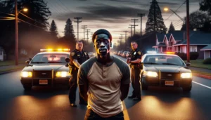 A 24-year-old Black man, Derrick Clark Jr., stands beside his car, confused and fearful, during a dusk traffic stop in Oregon. Two police officers, appearing stern and authoritative, confront him. The environment is suburban, with street lights beginning to glow, casting long shadows and adding a dramatic tone. The police car's lights flash brightly in the background, highlighting the tense moment before a tragic chase begins.