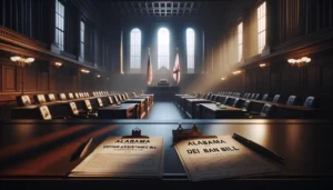 A cinematic photorealistic image in landscape format depicting a symbolic legislative environment in Alabama. Prominently displayed on a table are documents labeled 'Voting Assistance Bill' and 'DEI Ban Bill,' casting long shadows in a dimly lit, solemn room. The tense atmosphere is heavy with the weight of history, reflecting the serious implications of the legislative actions.
