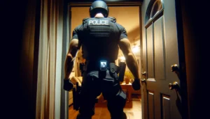 Cinematic image of a white police officer standing at an open doorway during the evening, with his bodycam visible. The officer's aggressive posture and the shadow cast into the dimly lit interior of the home evoke a sense of intrusion and tension.
