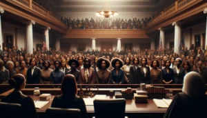 A cinematic landscape image of a courtroom scene, where a diverse group of Black women activists and lawyers stands resolutely against a panel of judges. The atmosphere is charged with tension and anticipation, emphasizing the critical legal fight for reproductive rights and autonomy. The image highlights their collective determination and unity at a pivotal moment in the struggle for justice.