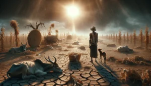 Cinematic photorealistic image of a desolate African farm showing dry, cracked earth and dead crops under a scorching sun. A farmer stands beside emaciated livestock, embodying despair as he looks towards the sky, hoping for rain.