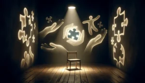 A cinematic photorealistic image of an empty, dimly lit room with a single spotlight shining down on an empty chair. The walls are adorned with abstract representations of community support and understanding, such as softly glowing outlines of hands holding each other and interlocking puzzle pieces, symbolizing the autistic community. The atmosphere is somber, evoking a sense of loss and reflection on the tragic event and its broader implications.