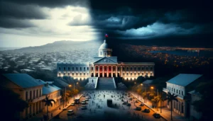 A cinematic image of Haiti's capitol building in Port Au Prince. Half of the city is engulfed in darkness.