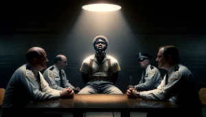A cinematic photorealistic image of an interrogation room scene from the 1980s. An African American man, embodying Jackie Wilson, is depicted with intense emotional distress yet showing resilience. He faces two white officers, representing the interrogators, in a dimly lit room with a stark overhead light casting harsh shadows. The atmosphere is tense and oppressive, highlighting the brutal interrogation tactics of the Chicago Police Department under Jon Burge, with physical restraints visible on a table, emphasizing the man's strength and determination against injustice.
