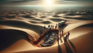 A cinematic photograph of the discovery of mass graves in the Libiyan desert.