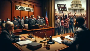 A split-scene image showing a tense courtroom on one side, with ACLU representatives presenting arguments against no-knock warrants, and a community rally outside on the other side. The indoor scene depicts a focused group of advocates engaging with lawmakers, while the outdoor scene shows a diverse crowd of activists holding signs supporting Breonna's Law, symbolizing the connection between legal advocacy and public activism for racial justice and police reform.