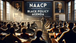 A cinematic photorealistic scene inside a classroom where an NAACP-led educational session on the Black Policy Agenda is unfolding. The classroom is dramatically lit, emphasizing the depth and textures of the setting, with a digital board displaying 'NAACP: Black Policy Agenda' in bold letters, serving as the focal point. Students of diverse backgrounds are deeply engaged, with one standing to pose a question, symbolizing active participation. The instructor, a figure of authority and encouragement, leads the session. This image captures the essence of education as a transformative tool, with the NAACP's mission driving advocacy and societal change.