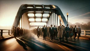 A group of determined civil rights marchers, led by John Lewis and Hosea Williams, preparing to cross the Edmund Pettus Bridge in Selma, Alabama. They are dressed in their Sunday best, some holding hands and others carrying signs for voting rights, under the early morning light with the bridge looming in the background.