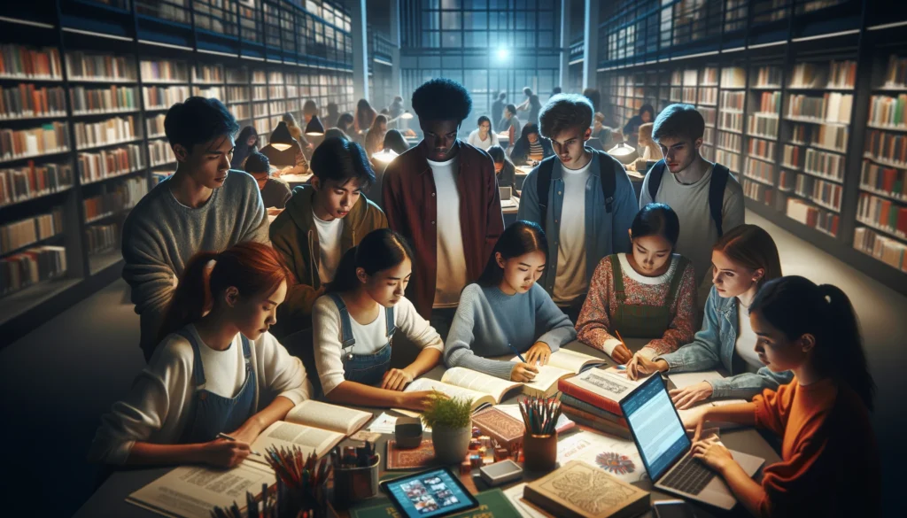 A group of students from various ethnic backgrounds working together on racial equality projects in a collaborative environment. They are surrounded by educational materials on racial history, emphasizing teamwork and shared learning in a well-lit library or study area.