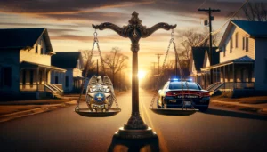 An illustrative landscape image depicting the scales of justice against a sunset backdrop on a Mississippi street. On one scale, a police badge; on the other, a squad car, symbolizing the delicate balance between law enforcement and the need for accountability.