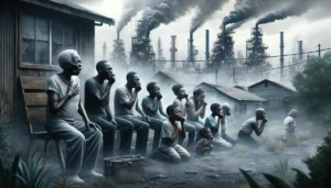 A photorealistic image showing a Black community affected by industrial pollution. Residents of various ages, including children and elderly, exhibit signs of respiratory distress such as coughing and covering their faces, amidst a backdrop of dense industrial smog and decrepit homes. The setting conveys a somber mood with an overcast sky, emphasizing the ongoing health crisis caused by environmental toxins.