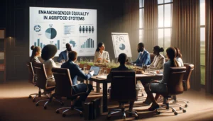 A diverse group of stakeholders, including African women, engaged in a policy discussion around a roundtable in a conference room, with visual aids like charts and laptops visible, emphasizing collaboration and determination to improve gender equality in agriculture.