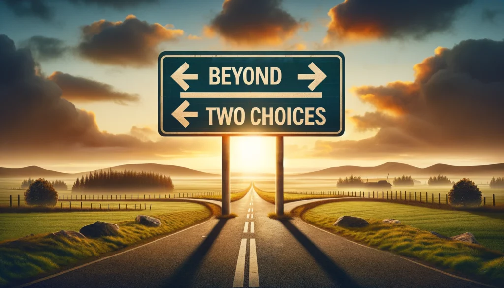 An image depicting a road sign with two diverging paths against a backdrop of a sunrise, symbolizing the choice beyond the traditional two-party system. The words 'Beyond Two Choices' are prominently displayed in bold lettering at the bottom of the image, highlighting the emergence of new political alternatives and the hope for a diverse, inclusive future.