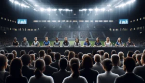 "A diverse group of female athletes at a press conference, speaking to a crowd of journalists about the impact of media and sponsorship biases on gender pay disparities in sports.