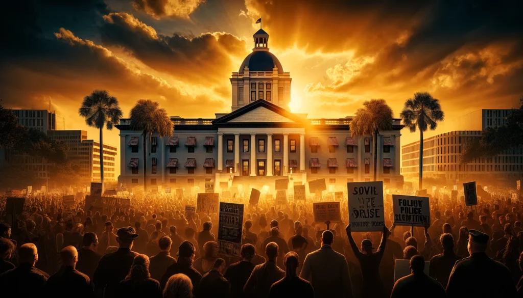 A diverse group of protesters outside the Florida Capitol during sunset, holding signs for civil liberties and police oversight. The golden light of the setting sun highlights the intensity and importance of their advocacy, emphasizing the debate over new police legislation.