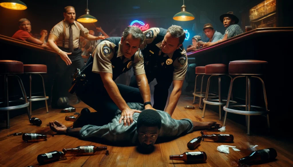 A photorealistic depiction of a tragic encounter inside a dimly lit bar, featuring two Caucasian police officers in uniform restraining a middle-aged African American man, Frank Tyson, face-down on the floor. One officer has his knee on Tyson’s upper body. The scene is tense and chaotic with overturned bar stools and bystanders in the background, all under neon bar lighting. This image captures the harrowing intensity of the moment, highlighting the serious themes of police interaction and racial dynamics.